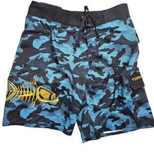 Tormenter Mens Blue Camo Fish Skeleton Embroidered Board Shorts Size 34 Fishing